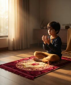 Boy praying on beautiful red color soft janamaz