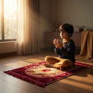 Boy praying on beautiful red color soft janamaz