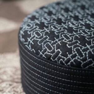 Close up texture of black and white patterned kufi cap premium stitching