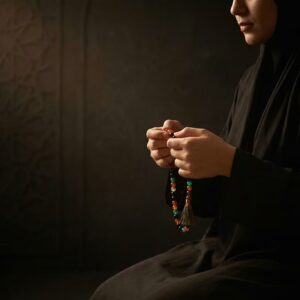 Female holding 33 beads beautiful red aqeeq tasbeeh in her hands doing dhikr