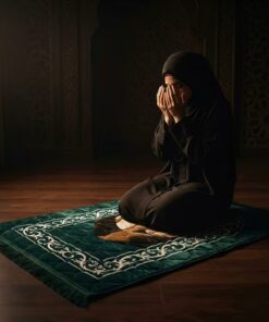 Female offering Salah on Green color premium quality Islamic prayer mat janamaz