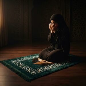 Female offering Salah on Green color premium quality Islamic prayer mat janamaz