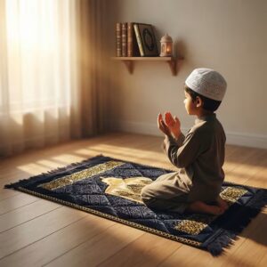 8 years old boy praying on black carpet janamaz