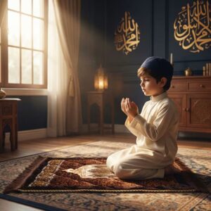 9 years old boy praying on brown color soft carpet janamaz
