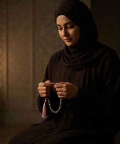 Lady holding 33 beads colorful pink theme tasbih doing dhikr