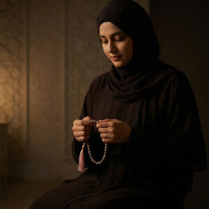 Lady holding 33 beads colorful pink theme tasbih doing dhikr