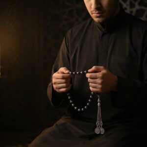 Man holding 33 beads Misri tasbeeh doing dhikr