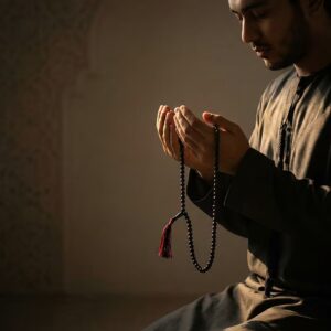 Man holding 99 beads black aqeeq tasbeeh in Islamic background