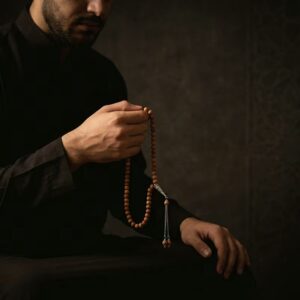 Man holding 99 beads sandlewood tasbih in his hands doing zikr