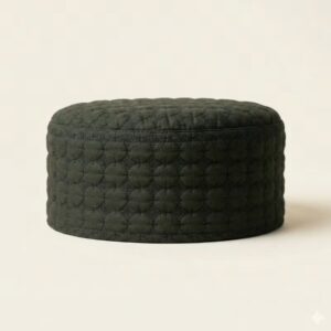 Side profile of olive green Islamic cap showing structured hard material