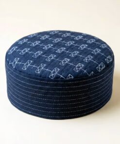 Top view of navy blue self print Muslim prayer cap textured design