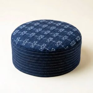 Top view of navy blue self print Muslim prayer cap textured design