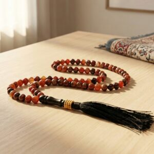 Aqeeq 100 bead misbaha placed on prayer mat Islamic setting