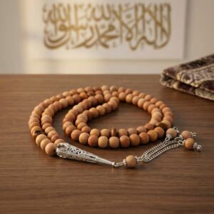 Sandalwood misbaha placed on prayer mat spiritual Islamic setting