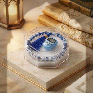 Light Blue Digital Tasbeeh Gift Set with Blue Marble-Pattern Prayer Beads