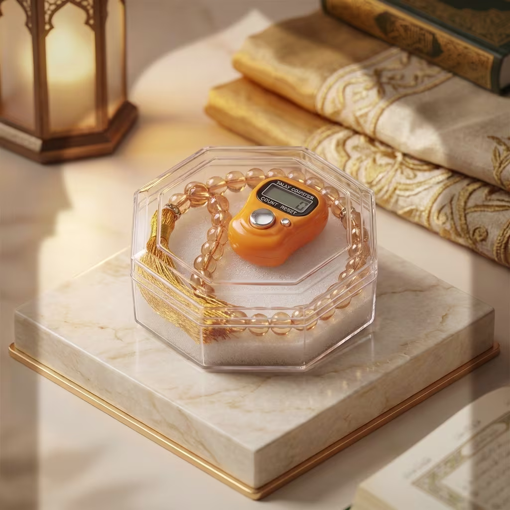 Orange Budget Dhikr Gift Set with Amber-Coloured Tasbeeh Beads and Digital Counter