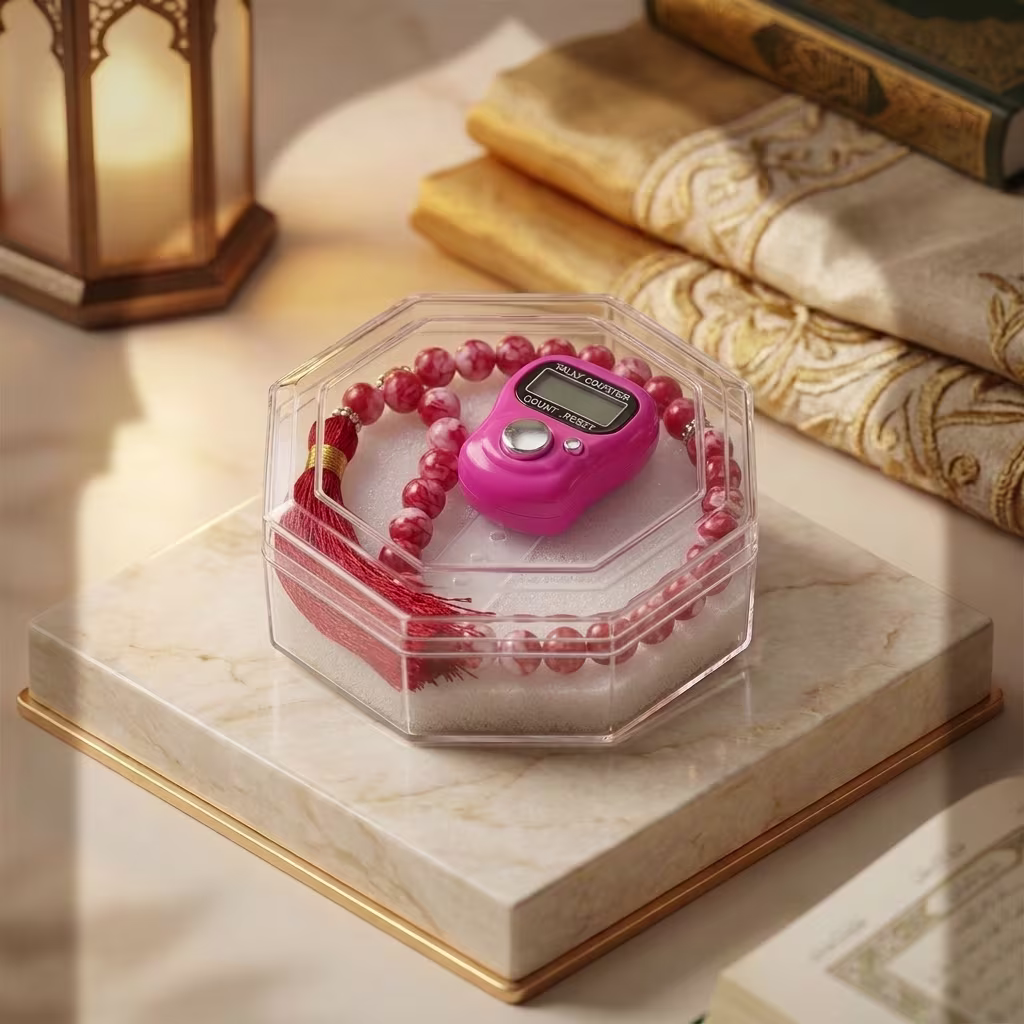 Pink Budget Dhikr Gift Set with Digital Tasbeeh Counter and Pink Marble-Pattern Beads