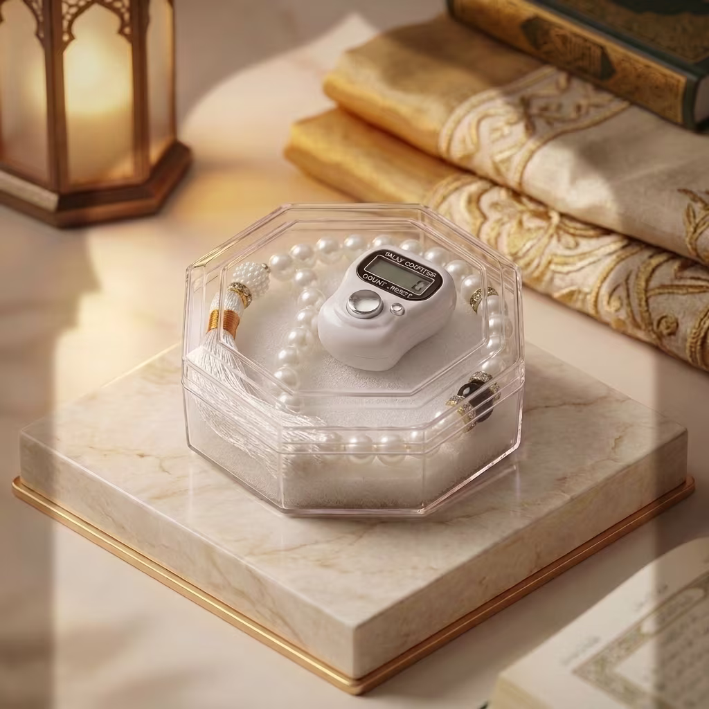 White Budget Dhikr Gift Set with Digital Tasbeeh Counter and Pearl-Style Prayer Beads