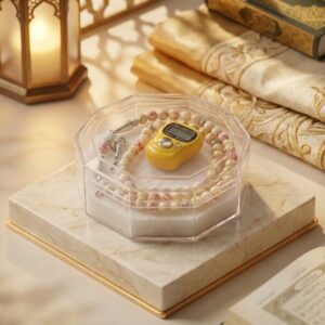 Yellow Budget Dhikr Gift Set with Digital Tasbeeh Counter and Cream Marble-Pattern Beads