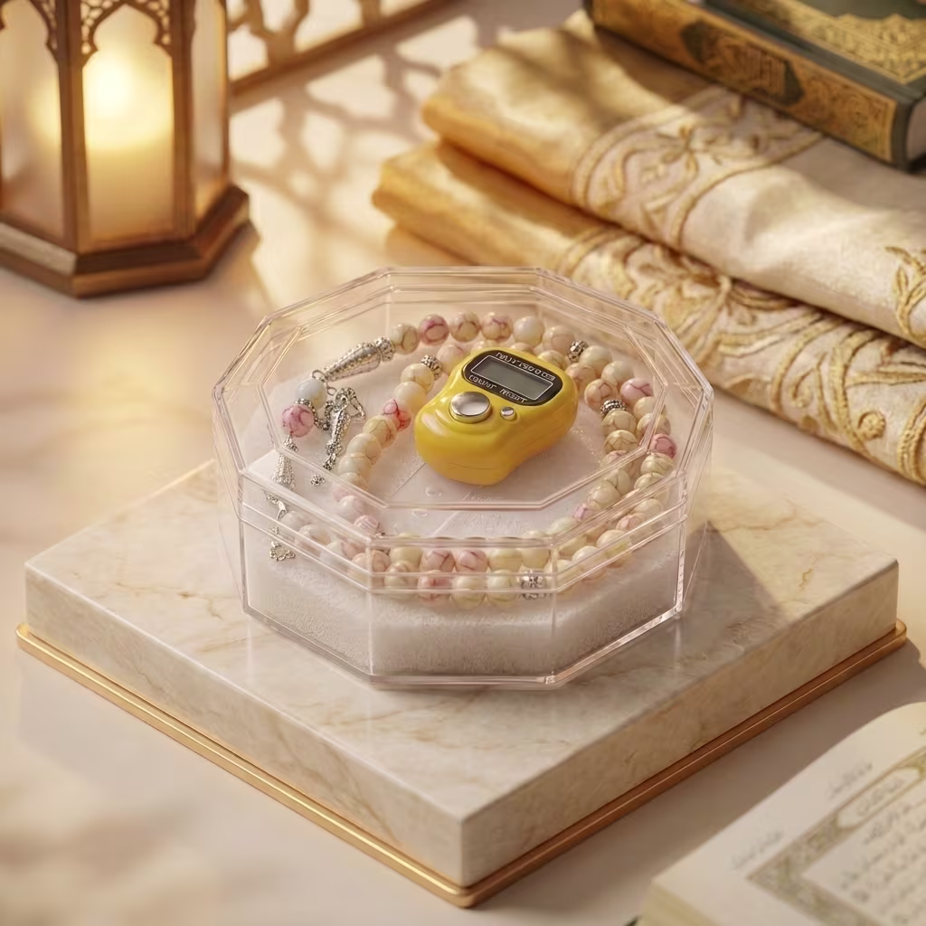 Yellow Budget Dhikr Gift Set with Digital Tasbeeh Counter and Cream Marble-Pattern Beads