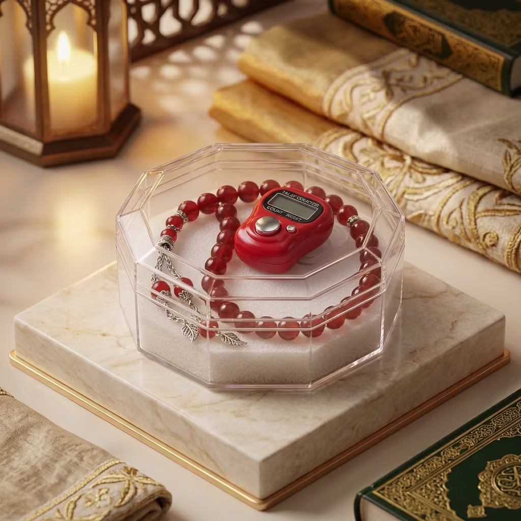 Red Budget Dhikr Gift Set with Electronic Tasbeeh Counter and Red Prayer Beads