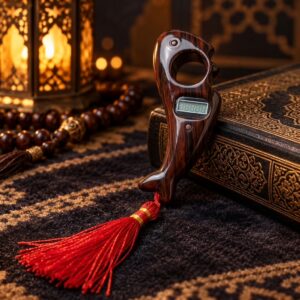 Digital Tasbeeh Counter 2035 Dark Brown Wood-Grain Finish with Red Tassel