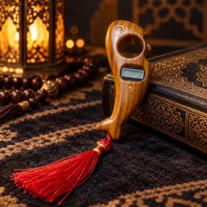 Digital Tasbeeh Counter 2035 Golden Brown Wood-Grain Finish with Red Tassel