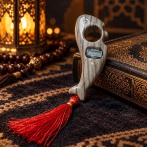 Digital Tasbeeh Counter 2035 Light Beige Wood-Grain Finish with LCD Screen and Red Tassel