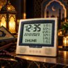 Islamic prayer golden color digital clock with prayer reminders, hijri calendar, azan sound