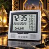 Islamic prayer table clock in silver color with prayer reminders, salah timings, adhan sound and more