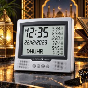 Islamic prayer table clock in silver color with prayer reminders, salah timings, adhan sound and more