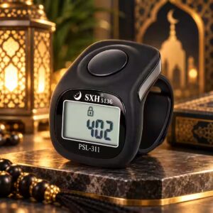 Black PSL-311 Digital Tasbeeh Counter Ring with LCD Display and Adjustable Finger Strap