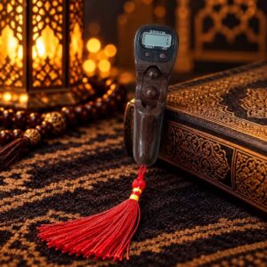 SXH5136 Digital Tasbeeh Counter in Dark Brown Wood Grain with LED Light and Red Tassel