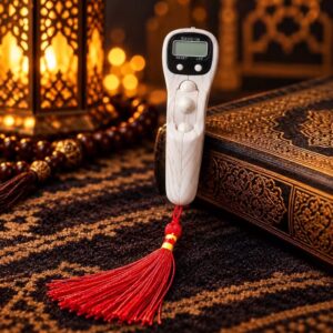 SXH5136 Digital Tasbeeh Counter with LED Light in White Marble Finish and Red Tassel